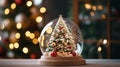 A closeup shot of a beautiful snow globe on the background of bokeh lights Royalty Free Stock Photo