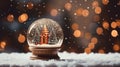 A closeup shot of a beautiful snow globe on the background of bokeh lights Royalty Free Stock Photo