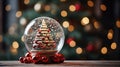 A closeup shot of a beautiful snow globe on the background of bokeh lights Royalty Free Stock Photo