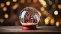 A closeup shot of a beautiful snow globe on the background of bokeh lights Royalty Free Stock Photo