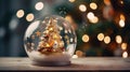 A closeup shot of a beautiful snow globe on the background of bokeh lights Royalty Free Stock Photo