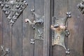 Closeup shot of the beautiful and vintage doorknobs on an old wooden door