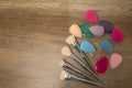 Closeup shot of beauty blenders, silicone sponges and makeup brushes on a wood background. Space for text Royalty Free Stock Photo