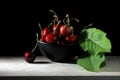 Closeup shot of black bowl full of ripe cherries on gray marble table with black background Royalty Free Stock Photo