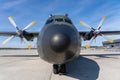 Closeup shot of black military aircraft transall c160 with blue sky in the background Royalty Free Stock Photo