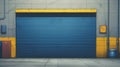 Closeup shot of blue automatic metal roller door used in factory, storage, garage, and industrial warehouse. The