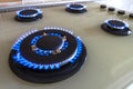 Closeup shot of blue fire from domestic kitchen stove. Gas cooke Royalty Free Stock Photo