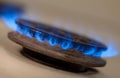 Closeup shot of blue fire from domestic kitchen stove. Gas cooker with burning flames propane gas Royalty Free Stock Photo