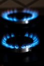 Closeup shot of blue fire from domestic kitchen stove top. Burning gas, gas stove burner. Gas cooker with burning flames of Royalty Free Stock Photo