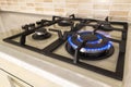 Closeup shot of blue fire from domestic kitchen stove top. Gas c Royalty Free Stock Photo