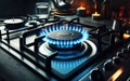 Closeup shot of blue fire from domestic kitchen stove top. Gas cooker with burning flames of propane gas. Industrial Royalty Free Stock Photo