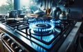 Closeup shot of blue fire from domestic kitchen stove top. Gas cooker with burning flames of propane gas. Industrial Royalty Free Stock Photo