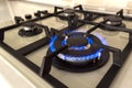 Closeup shot of blue fire from domestic kitchen stove top. Gas c Royalty Free Stock Photo