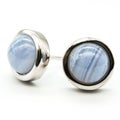 Closeup shot of blue lace agate ear studs behind a white background Royalty Free Stock Photo