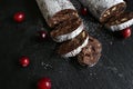 Closeup shot of a board with sliced gourmet chocolate salami Royalty Free Stock Photo