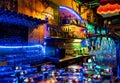 Closeup shot of bottles of spirits and liquor in a colorful bar with neon lights