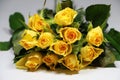 Closeup shot of a bouquet of yellow roses on a white surface Royalty Free Stock Photo