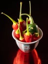 Closeup shot of a bowl of chili peppers sitting atop a black reflective surface. Royalty Free Stock Photo