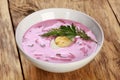 Closeup shot of a bowl of cold soup with beets, eggs and kefir