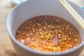 Closeup shot of a bowl of instant ramen noodle