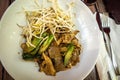 Closeup shot of a bowl of Thai delicious pad see ew with noodles, chicken, and vegetables Royalty Free Stock Photo