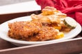 Closeup shot of breaded pork cutlet with tomato bake casserole, zucchini and potato Royalty Free Stock Photo