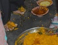 Closeup shot of bride feet on halditurmeric ceremony in one of the ritual in indian marriage