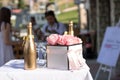 Closeup shot of a Bride to be cake and champaign