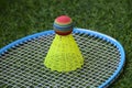 Closeup shot of a bright yellow shuttlecock on a badminton racket Royalty Free Stock Photo