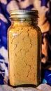Closeup shot of brown ginger powder in a glass jar
