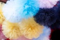 Closeup shot of a bundle of bathing loofahs of different colors Royalty Free Stock Photo