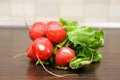 Closeup shot of a bundle of fresh radish on a blurred background