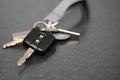 Closeup shot of a bundle of keys to a car on a black surface Royalty Free Stock Photo
