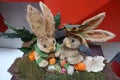 Closeup shot of bunnies handcrafted from indigenous resource materials with the theme for Easter