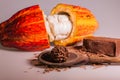 Closeup shot of a cacao fruit and a chocolate ball on a wooden spoon Royalty Free Stock Photo