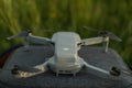 Closeup shot of a camera drone on a blurred background