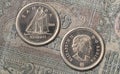 Closeup shot of Canadian cent coins featuring the portrait of Her Majesty Queen Elizabeth II Royalty Free Stock Photo