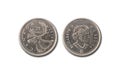 Closeup shot of Canadian cent coins featuring the portrait of Her Majesty Queen Elizabeth II Royalty Free Stock Photo