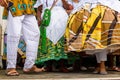 Closeup shot of Candomble members dressed in traditional clothes for a religious festival