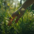 A close-up of a hand softly grazing lush grass, highlighted by the warm glow of sunlight. Generative Ai Royalty Free Stock Photo