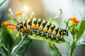 Closeup shot of a caterpillar crawling on the green plant