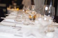 Closeup shot of ceremonial tableware with different shaped glasses and other silverware