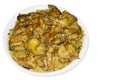 Closeup shot of chicken Kabsa with rice in a white plate - homemade Arabian biryani