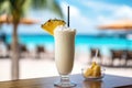 Closeup Shot Of Chilled Alcoholic Pina Colada Cocktail, Garnished With Cream And Pineapple, With Tro