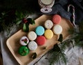 Closeup shot of Chirstmas themed macarons - Holidays concept