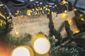 closeup shot of Christmas decorations and sheets of musical notes, festive mood