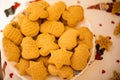 Closeup shot of Christmas themed cookies in the bowl: Santa Claus, star, snowman Royalty Free Stock Photo