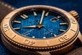 Closeup shot of Christopher Ward C60 Trident Bronze Watch on blue background