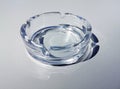 Closeup shot of a clean glass ashtray on a white table