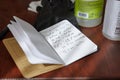 Closeup shot of cleaning concentrate handwritten recipe next to cleaning products and gloves
